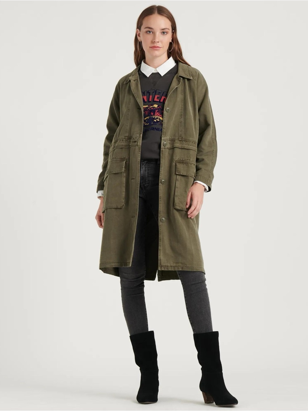 Lucky Brand Olive Green Utility Coat with Front Patch Pockets